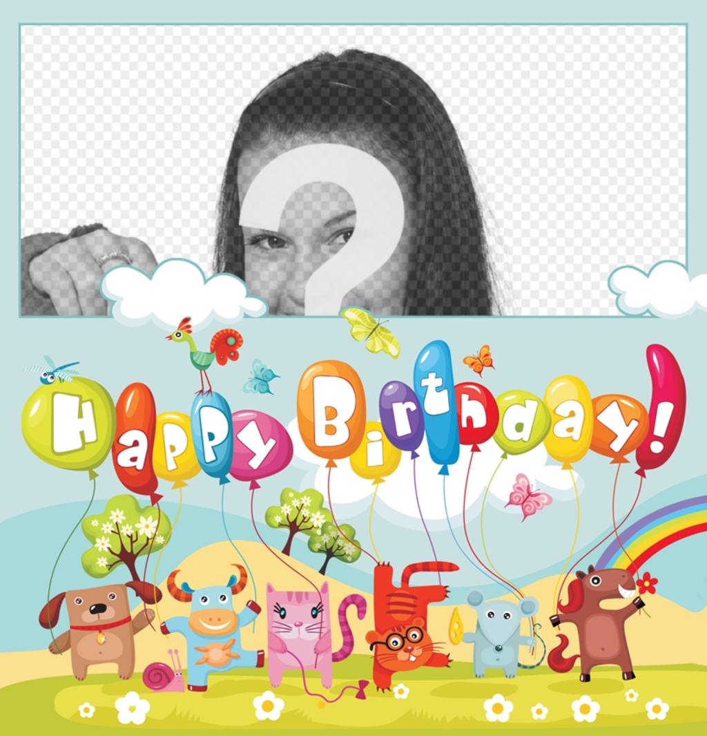 La carte colorée pleine danimaux et des ballons à souhaiter un bon anniversaire. Mettez votre photo sur ..