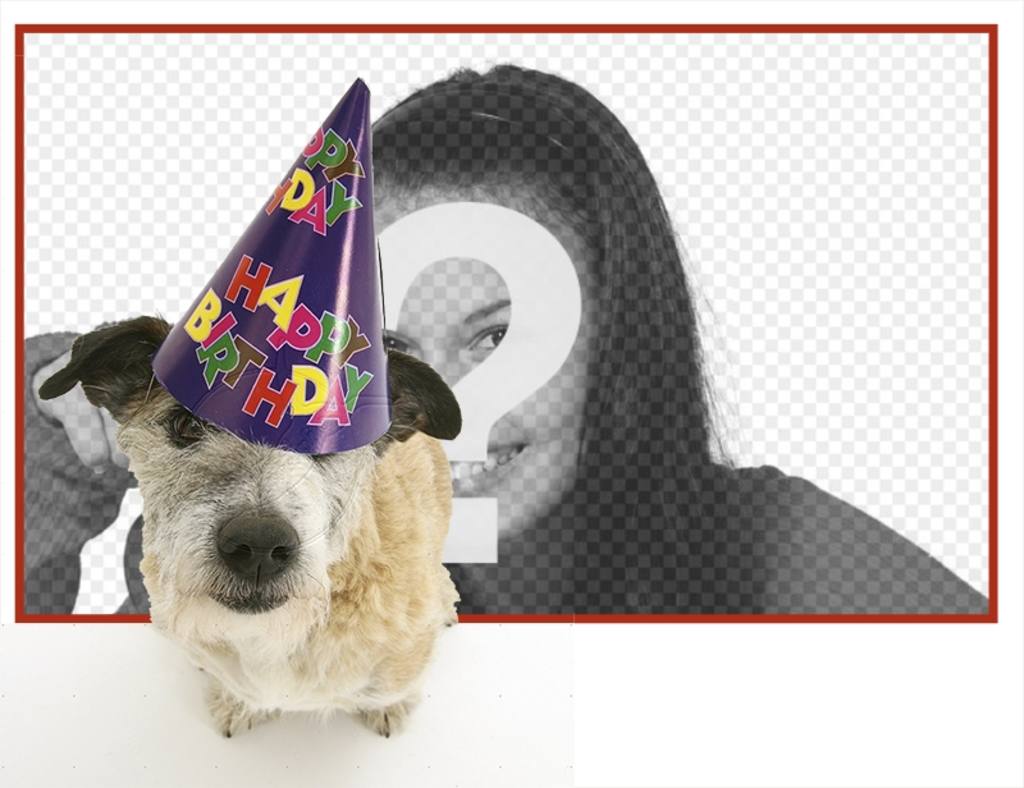 Cadre danniversaire avec un chiot avec chapeau de fête au premier plan. ..