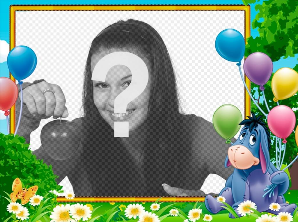 Cadre danniversaire pour les enfants avec Igor, lâne de Winnie lourson avec des ballons plus de votre photo. ..