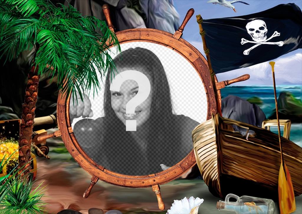 Composition avec un drapeau de pirate, un navire et trésors, pour mettre votre photo sur un gouvernail. Docks ..