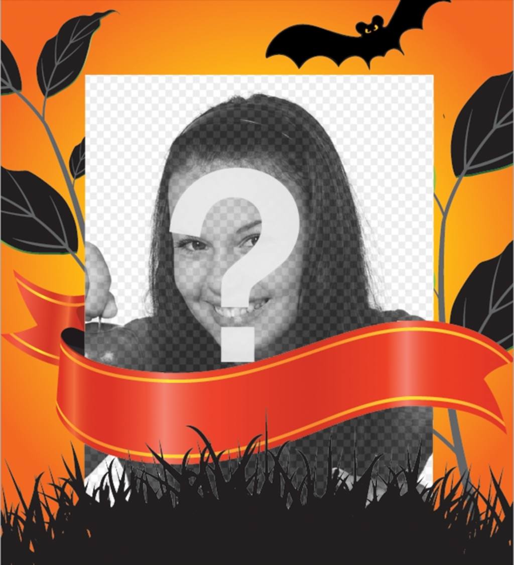 Cadre décoratif pour lédition avec votre photo pour photomontages en ligne Halloween où vous pouvez ajouter votre image qui lentoure avec un cadre orange, plantes sombres, une chauve-souris et un ruban sur votre photo où vous pouvez écrire ce que vous voulez avec loutil texte dans leffet puis télécharger cette carte idéale pour célébrer Halloween et est libre..