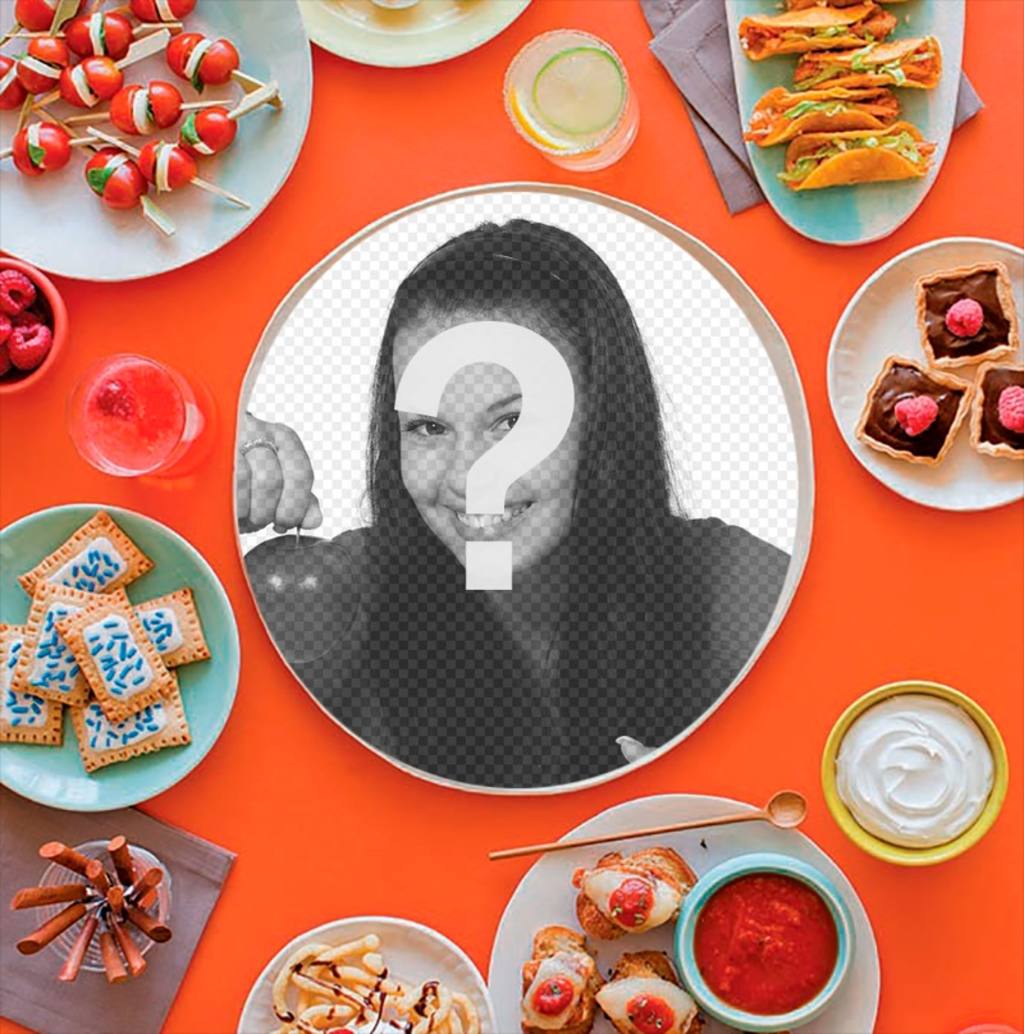 Mettez votre image sur un repas entouré de plusieurs plats avec de la nourriture. ..