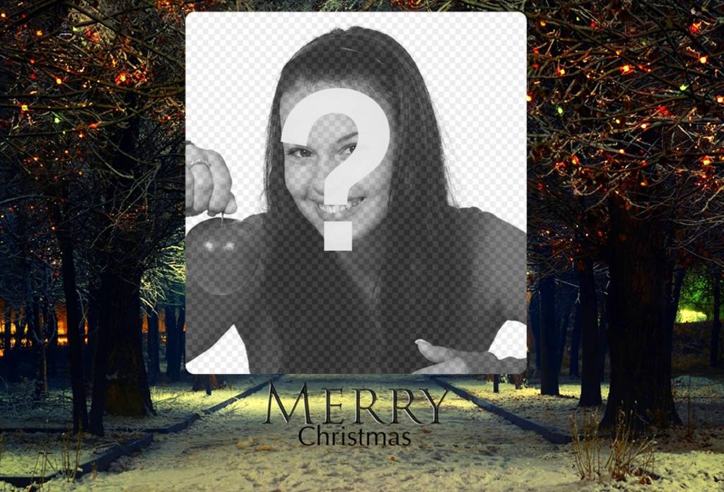 Ajoutez votre photo à ce paysage de Noël avec la phrase Photomontage de Joyeux Noël à personnaliser avec la photo que vous voulez célébrer un Joyeux Noël, avec un parc de neige et des arbres avec des lumières. Vous verrez que mignonne est cet effet avec votre photo, puis..