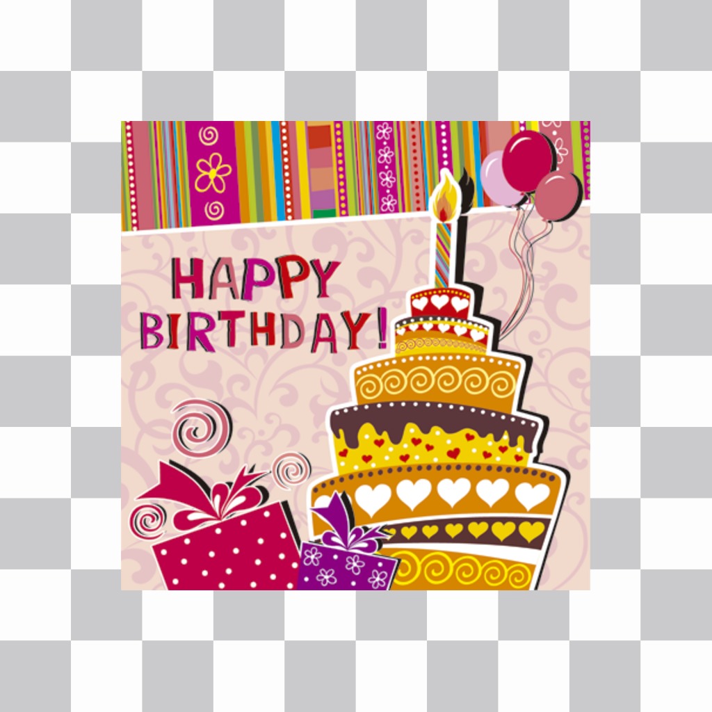 Autocollant pour féliciter un anniversaire avec limage dun gâteau à un parti que vous pouvez intégrer dans vos photos. Avec le texte joyeux anniversaire, un gâteau avec une bougie et ornements dessiné..