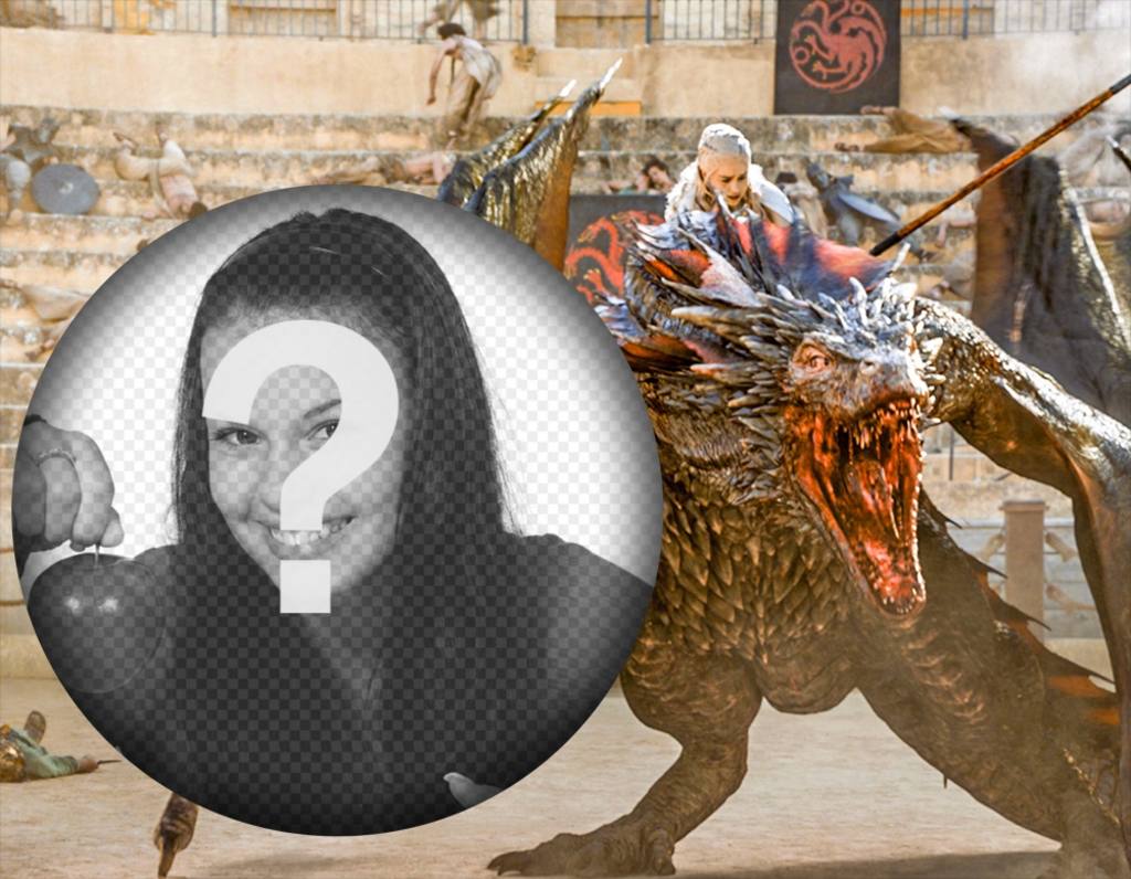 Téléchargez votre photo avec Khaleesi et son dragon dans une scène de leffet photo de Game of Thrones du jeu de série de trônes où Khaleesi apparaît monté sur lun de ses dragons à modifier avec votre photo et partager si vous êtes un..