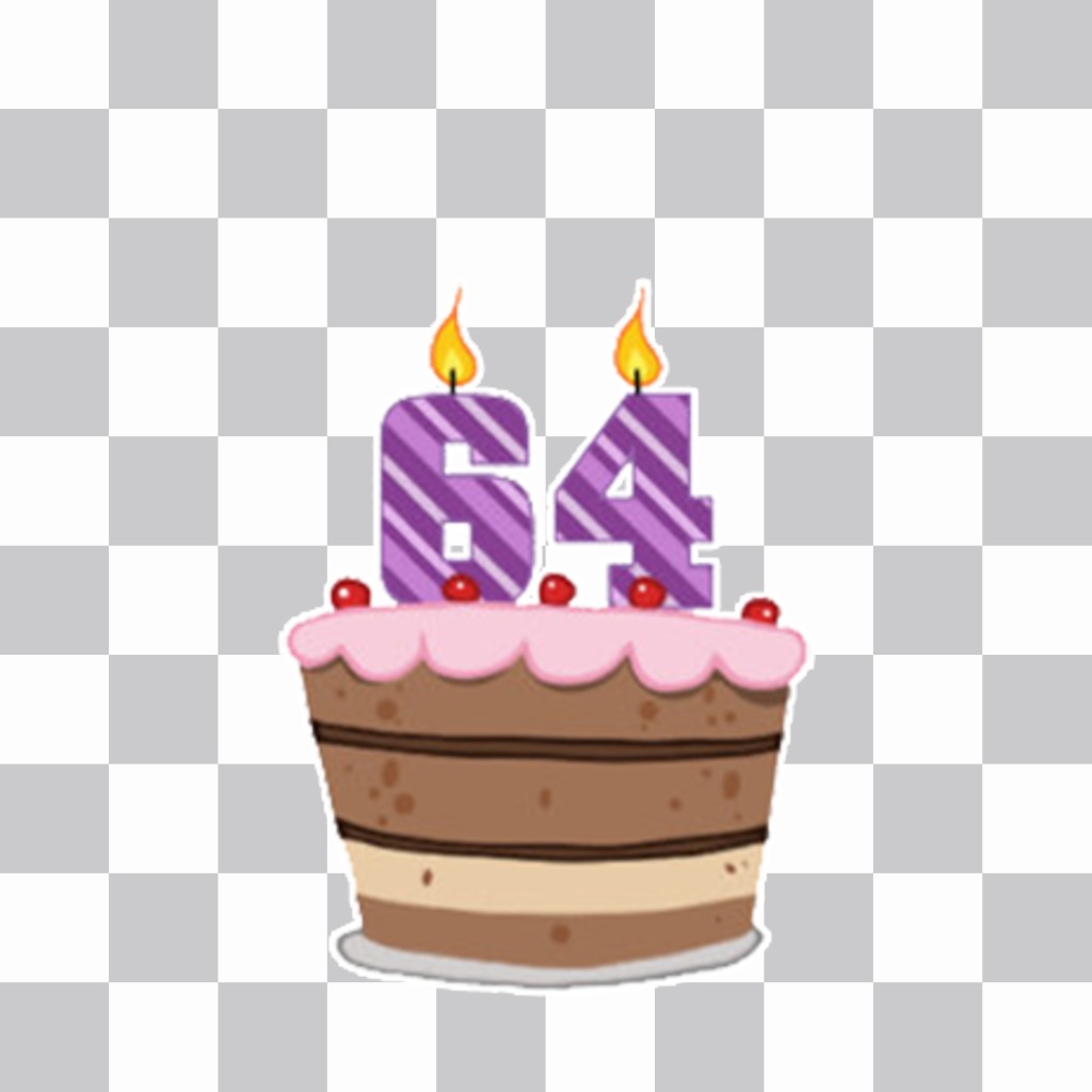 Décorez vos photos avec cet autocollant de gâteau pour célébrer 64 ans de leffet photo modifier avec votre photo spéciale pour célébrer un 64e anniversaire heureux avec un sticker décoratif dun gâteau, des cerises et des bougies. Partagez votre image avec leffet libre..
