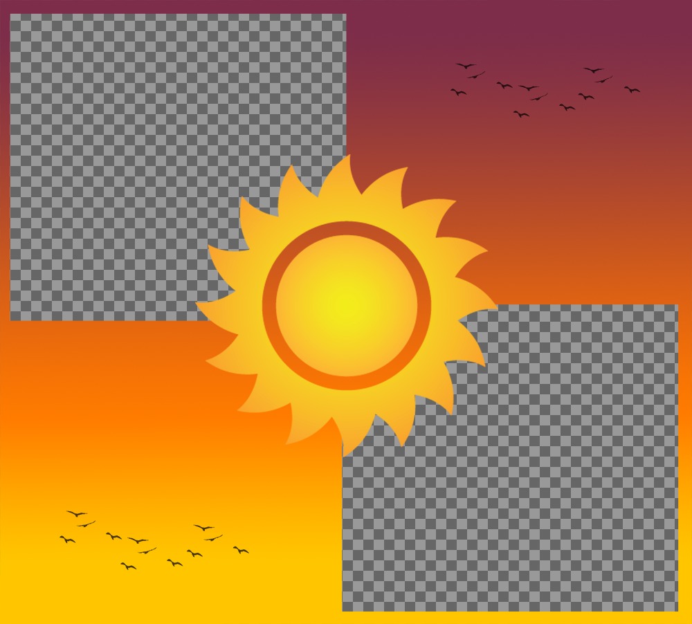 Collage déditer avec deux photos et ajouter le soleil en effet photo originale dun coucher de soleil à éditer avec deux photos et les décorer avec un beau coucher de soleil avec des oiseaux qui volent et un soleil au milieu. Un collage parfait pour profiter de lété en..