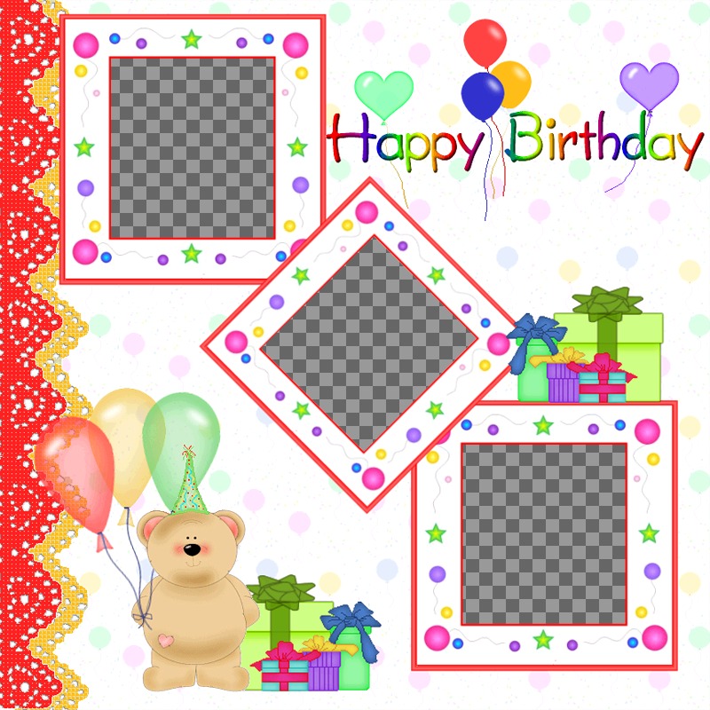 Carte postale / carte d'anniversaire pour les 3 photos avec des ballons et Teddy Bear..