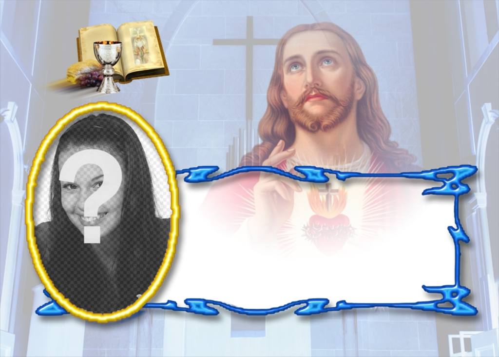 Modèle de carte de mémoire libre avec une photographie Raison communion de Jésus avec la Bible et le calice. Vous pouvez télécharger ou envoyer la carte de rappel à une adresse..